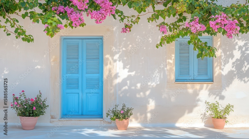 Fototapeta premium Blossoming Facade: Capturing the tranquil harmony of vibrant flowers spilling over a sun-drenched facade, with blue accents that hint at a serene coastal retreat, embodies peace and beauty.