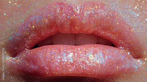 Close-up of Glossed Lips with Iridescent Glitter and Pastel Pink Hue.