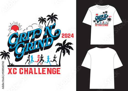 grit n grind xc challenge logo with t-shirt design,  tree design, 