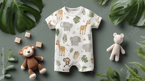 Baby Clothes Animal Print Romper with Stuffed Toys Jungle Theme Adorable newborn onesie featuring safari animals elephants giraffes and monkeys surrounded by wooden blocks and knit plushies for