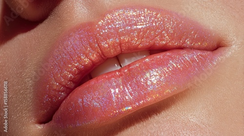 Close-up of Glossed Lips with Iridescent Glitter and Pastel Pink Hue.