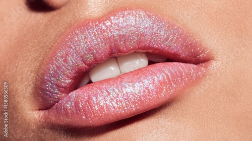 Close-up of Glossed Lips with Iridescent Glitter and Pastel Pink Hue.