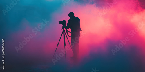 Silhouette of photographer with tripod in red and blue fog – cinematic and artistic atmosphere
