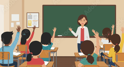 Teacher instructing diverse students in a classroom; engaged learning environment.