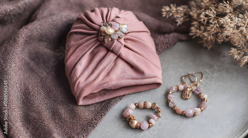 Turban fashion accessory headwear pink jewel elegant soft textile feminine style head covering stylish head wrap beautiful design with gemstone embellishment and bracelet accessory