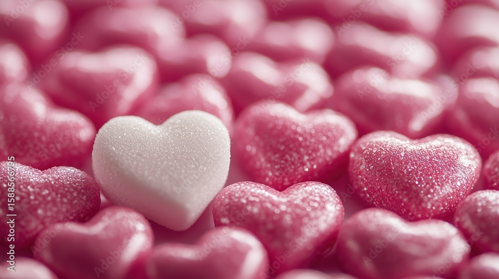 Fototapeta premium Romantic Heart - Shaped Candy Scene, Pink Candy Sea & White Love Candy, for Wedding Decoration, Valentine’s Day Card, Sweet - Themed Design