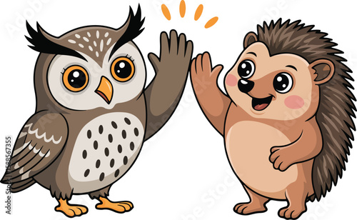 Illustration of an owl and hedgehog high-fiving, exuding friendship and camaraderie