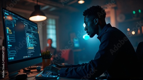 A man is coding on a computer in a dimly lit office with another person in the background.