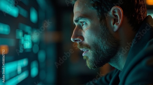 Man intently focused on a glowing screen in a dark room, possibly working on a complex task.