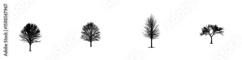 Four distinct black tree silhouettes are arranged in a row against a plain white background