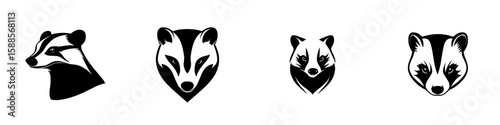 Stylish black icons of badger heads showcasing various artistic designs and perspectives in a minimalist style