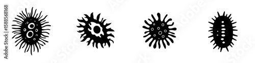 Unique black icons representing microscopic organisms with varied shapes and patterns