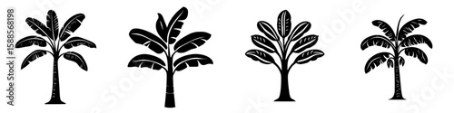 Collection of simple black tree icons designed for various digital applications and artwork, showcasing different styles