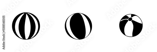 Black icons of various beach balls featuring different patterns and designs creating a playful visual theme