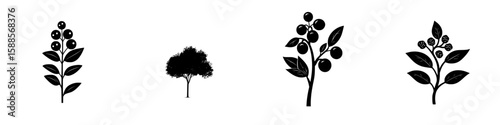 Black icon set featuring various plant and tree designs suitable for nature-themed projects and illustrations