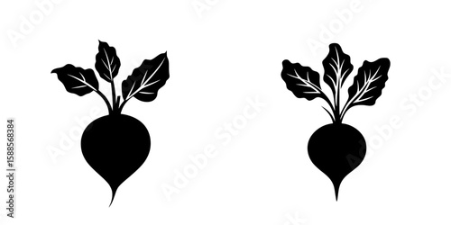 Black icons of radishes featuring leafy tops showcasing minimalistic design suitable for various graphic applications
