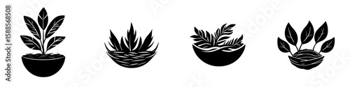 Black icons of various plants in circular pots displaying unique leaf designs for decorative use