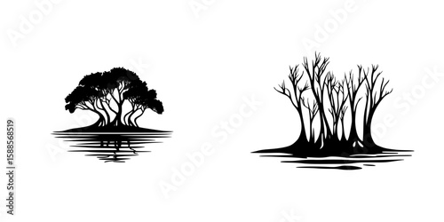 Black tree icons representing lush forest and barren landscape, illustrating nature's contrast in a minimalist style