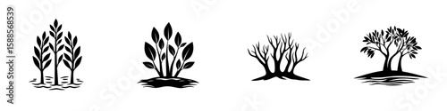 Stylized black icons representing different types of trees and foliage in a minimalistic design