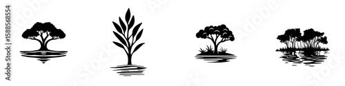 Nature-inspired black icons representing trees and aquatic plants in various styles and compositions suitable for digital design projects