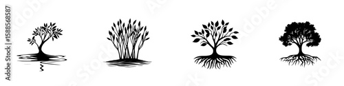 Unique black icons of trees representing various growth stages and environments suitable for graphic design projects