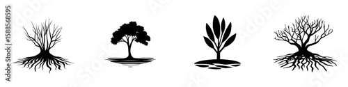 Nature inspired black icon set featuring four unique tree designs with various root styles
