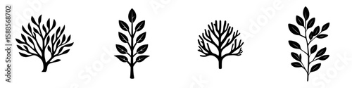 Collection of four black icons representing different tree designs illustrating various leaf patterns and shapes