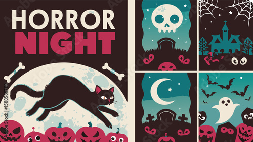 Halloween themed poster with black cat, pumpkins, skull, ghost, bats and haunted house illustration