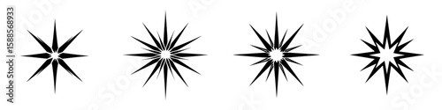 Visual representation of black star icons with varying designs showcasing sharp points and symmetrical shapes