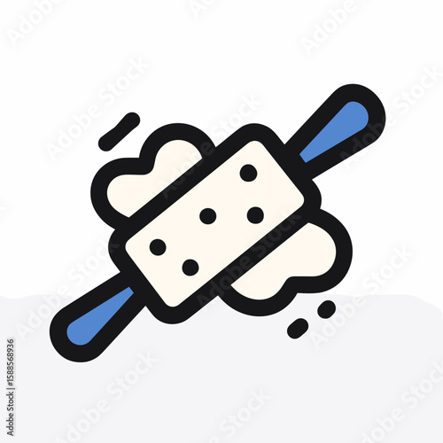 Stylized illustration of a rolling pin with white cylindrical body, black circular dots, blue handles, and light-colored dough area on plain white background.
