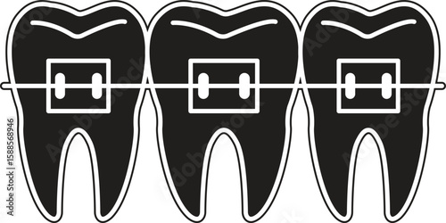 Three teeth with braces icon symbolizing orthodontics, dental alignment or braces treatment with transparent background