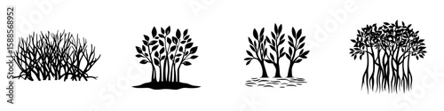 Various black icons depicting different types of shrubs and trees suitable for graphic design projects or nature illustrations