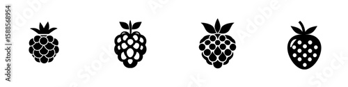 Collection of black fruit icons showcasing various styles and designs of berries against a clean white background