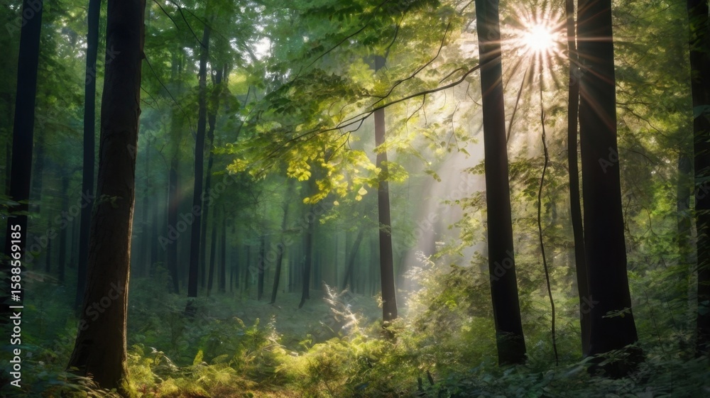 Obraz premium Sunlight filtering through the trees in a dense forest creating a serene and peaceful atmosphere