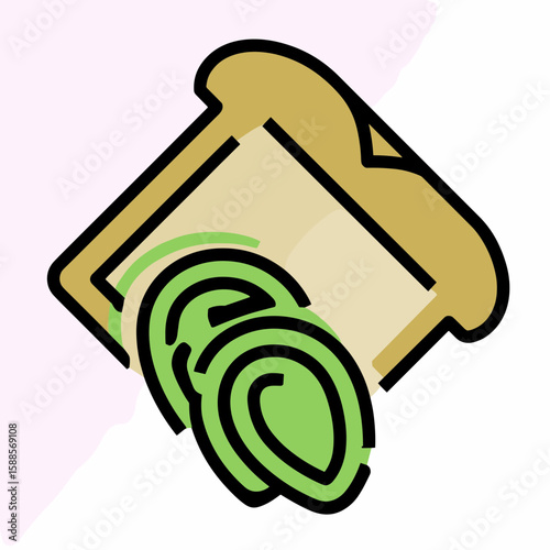 Stylized brown envelope icon tilted at an angle with two green circular abstract shapes resembling coins emerging from the bottom