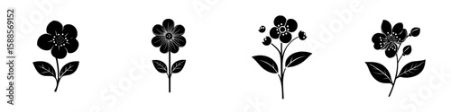 Floral black icons displaying various flower designs with leaves arranged artistically for graphic use