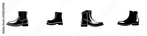 Collection of black boot icons showcasing different styles for casual and formal wear, demonstrating versatility in footwear design