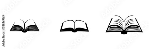 Collection of black icons representing open books arranged in a row on a simple background