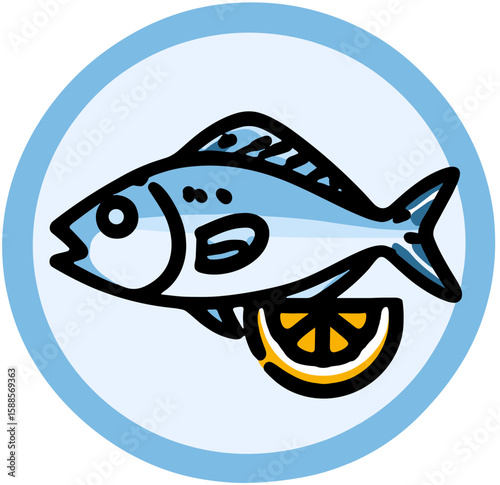 Stylized illustration of a blue fish with black outline, round eye, open mouth, and spots, within a light-blue circular border, paired with a half-slice orange below.