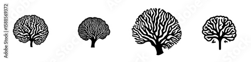 Stylized black tree icons representing various designs and shapes for graphic use