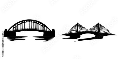 Two distinct black bridge icons showcasing various architectural styles in minimalist design for graphic use or logo creation
