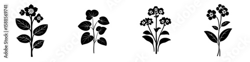 Collection of black floral icons showcasing various plant designs with intricate details and unique leaf shapes