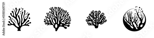 Unique black coral icons representing underwater marine life in diverse designs for creative projects