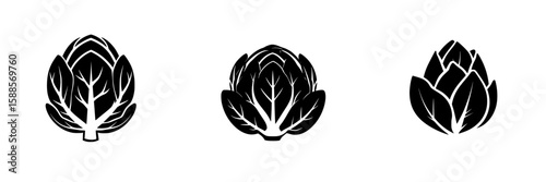 Black icon representations of artichokes designed for modern graphic applications and artistic projects