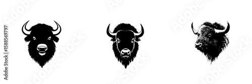 Three distinct black icon representations of a bison head showcasing different angles and features