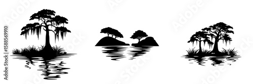 Black icon depicting trees reflecting in water, showcasing nature's tranquility and beauty in a minimalist design