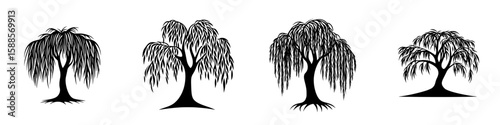 Willow trees in various styles showcasing their graceful branches and foliage