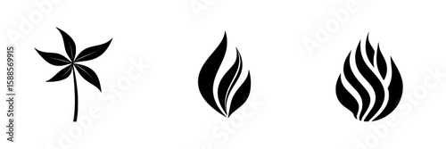 Symbols representing plant and fire concepts in a minimalist black icon design suitable for various applications and design projects