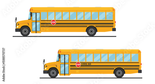 Two yellow school buses, side views, parked on a flat surface.