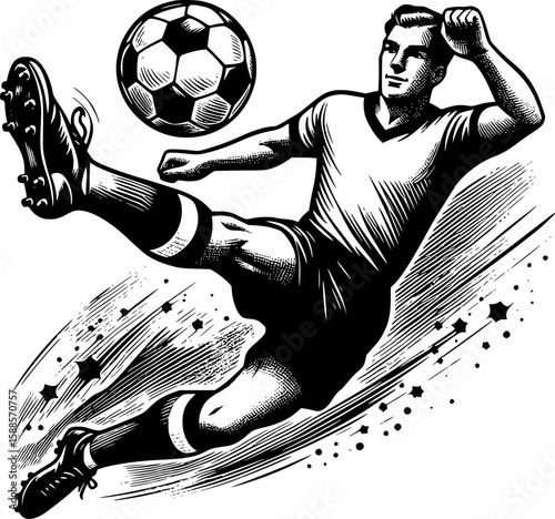 Detailed black and white vintage engraving-style illustration of a soccer player kicking the ball mid-air. Ideal for retro themed sports posters, editorial prints, educational books